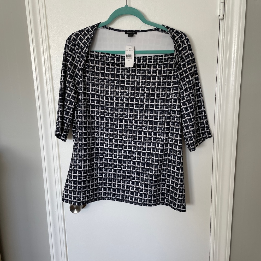 Ann Taylor Navy and White Geometric Blouse
